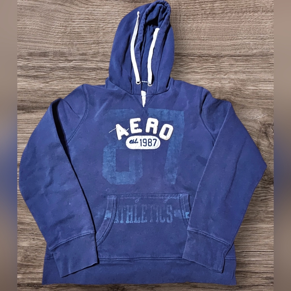 AERO Teens XL Blue Hoodie Front Pocket Drawstrings Factory Destressing